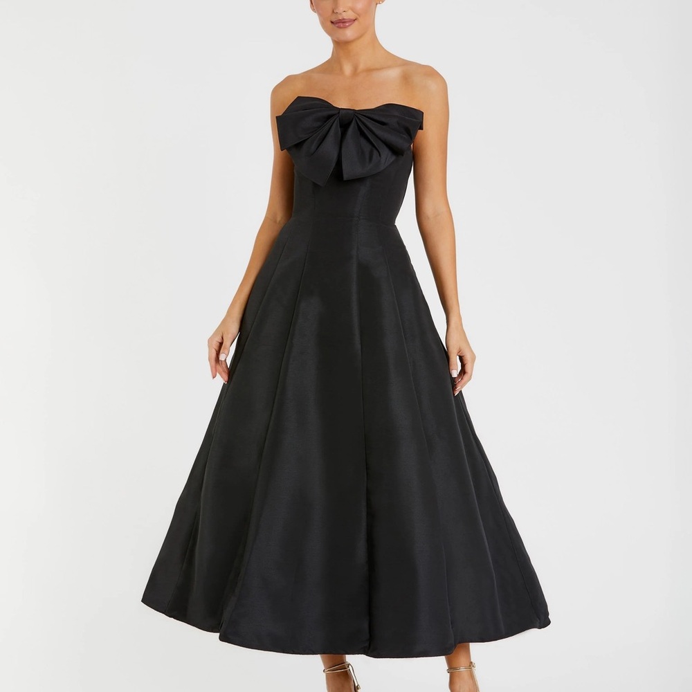 NWT - Mac Duggal Black Strapless A-Line Tea Length Statement Bow Dress